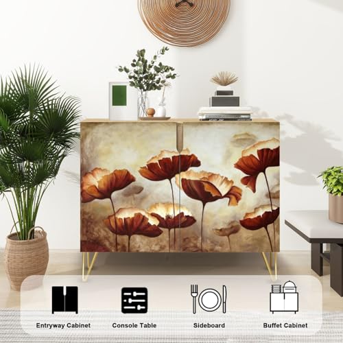 Mid-Century Sideboard Buffet Kitchen Storage Cabinet with 2 Doors Texture Canvas Cupboard Console Table Bar Cabinet for Dining Room Hallway