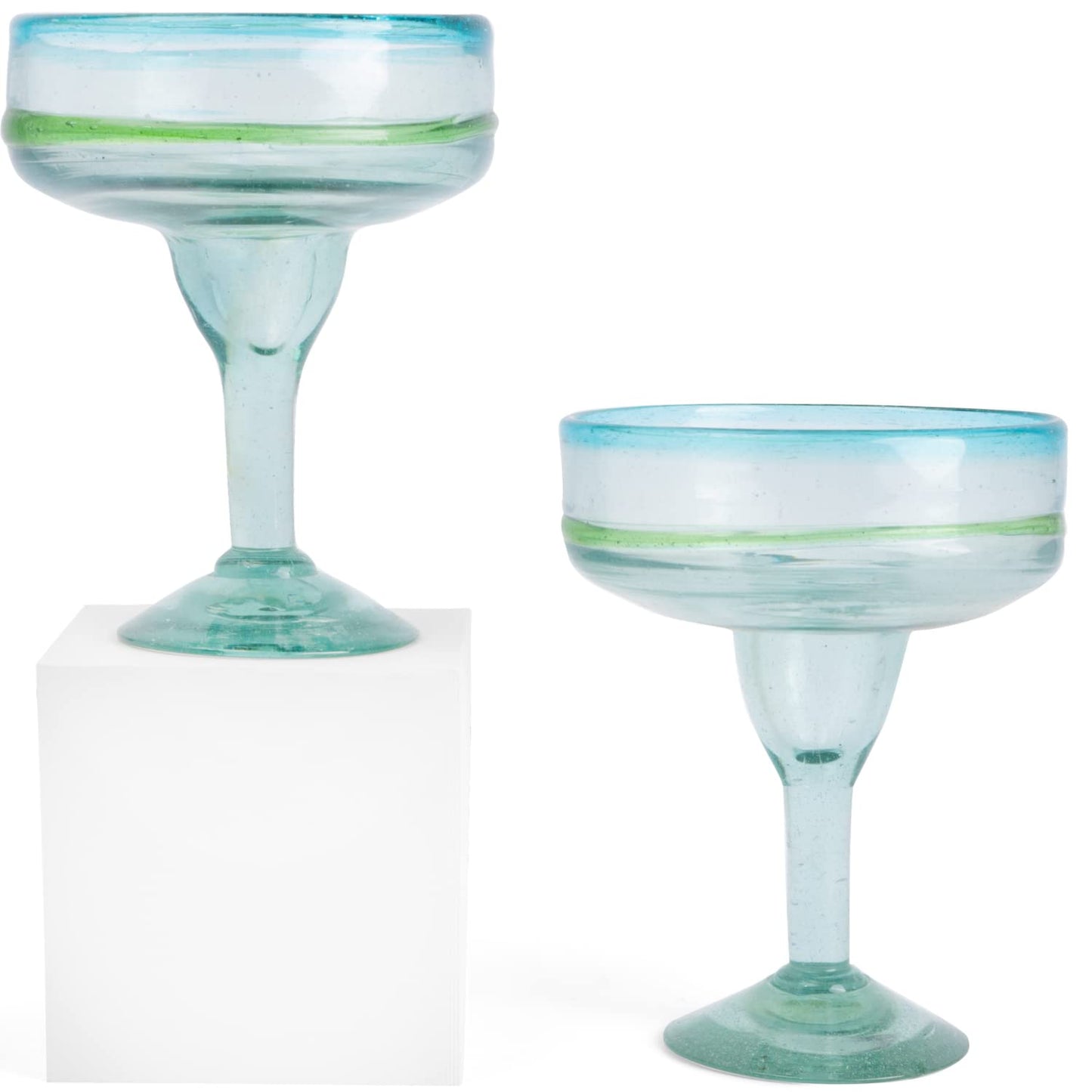 Mexican Glassware, Aqua Rims 16oz Margarita Glasses, Set of 2 Unique Hand Blown Glass, Handcrafted by Talented Artisans Thick & Sturdy Easy to hold