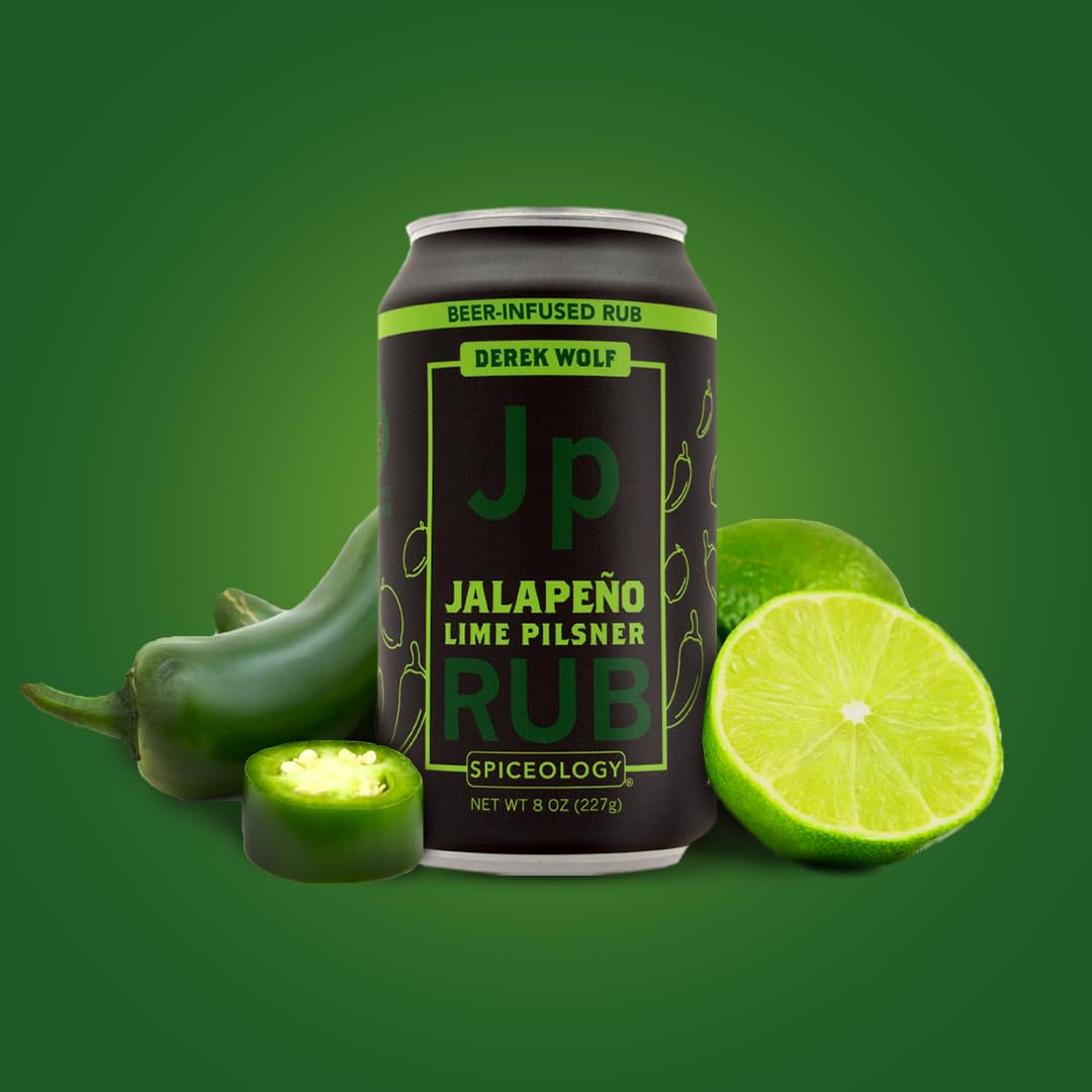 Spiceology & Derek Wolf - Jalapeno Lime Pilsner - Beer-Infused Barbecue Rubs, Spices and Seasonings - Use On: Beef, Chicken, Pork, Seafood, Vegetables or Marinades - 8 oz Can with Resealable Lid