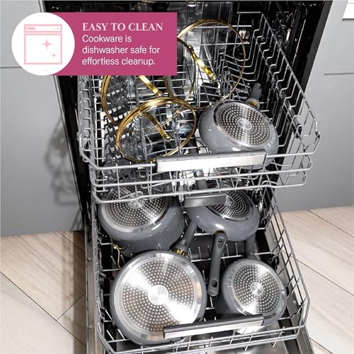 Paris Hilton Epic Nonstick Pots and Pans Set, Multi-layer Coating, Tempered Glass Lids, Soft Touch, Stay Cool Handles, Made without PFOA, Dishwasher Safe Cookware 12-Piece, Charcoal Gray