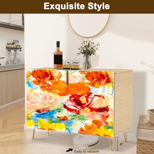 Mid-Century Sideboard Buffet Kitchen Storage Cabinet with 2 Doors Seamless Pattern Abstract red Flowers Original Hand Drawn Cupboard Console Table Bar Cabinet for Dining Room Hallway