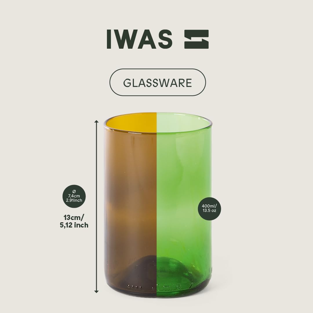 IWAS Upcycled Tall Drinking Glasses | 400 ML | 13.53 OZ | Set of 6 | Sustainable Water and Cocktail Glasses For Home | Environmentally Friendly Olive Green Glasses