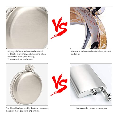 Elegant Liquor Flask for Women, Leakproof Wine Flasks 304 Stainless Steel Rhinestone Portable Flask with Funnel, Women Girls Bling Gift (Silver/5 oz.)