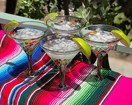 Dos Sueños Mexican Hand Blown Glass – Set of 4 Hand Blown Modern Margarita Glasses - Confetti Carmen (12 oz)