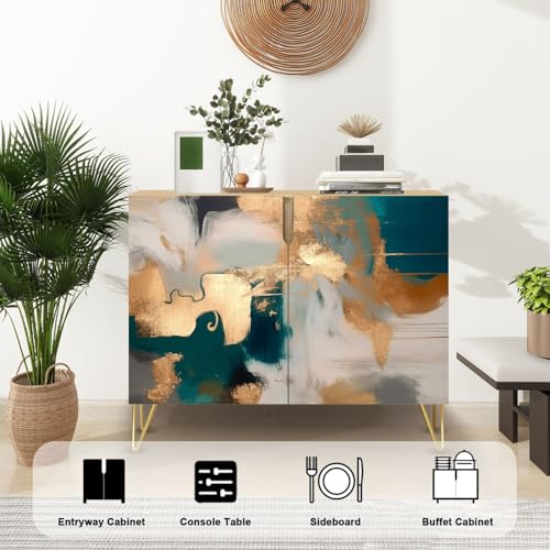 Mid-Century Sideboard Buffet Kitchen Storage Cabinet with 2 Doors Abstract oil Art mural modern artwork paint spots paint strokes blue Cupboard Console Table Bar Cabinet for Dining Room Hallway