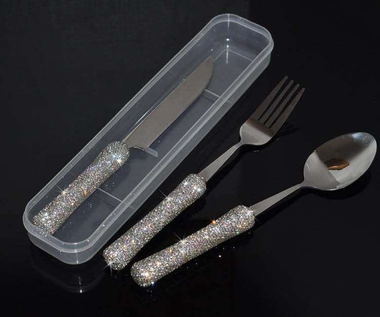 Bestbling Bling Rhinestone Crystal Dazzling Culinary Utensils Travel Set for Office, Lunch, and Travel (3, Silver)