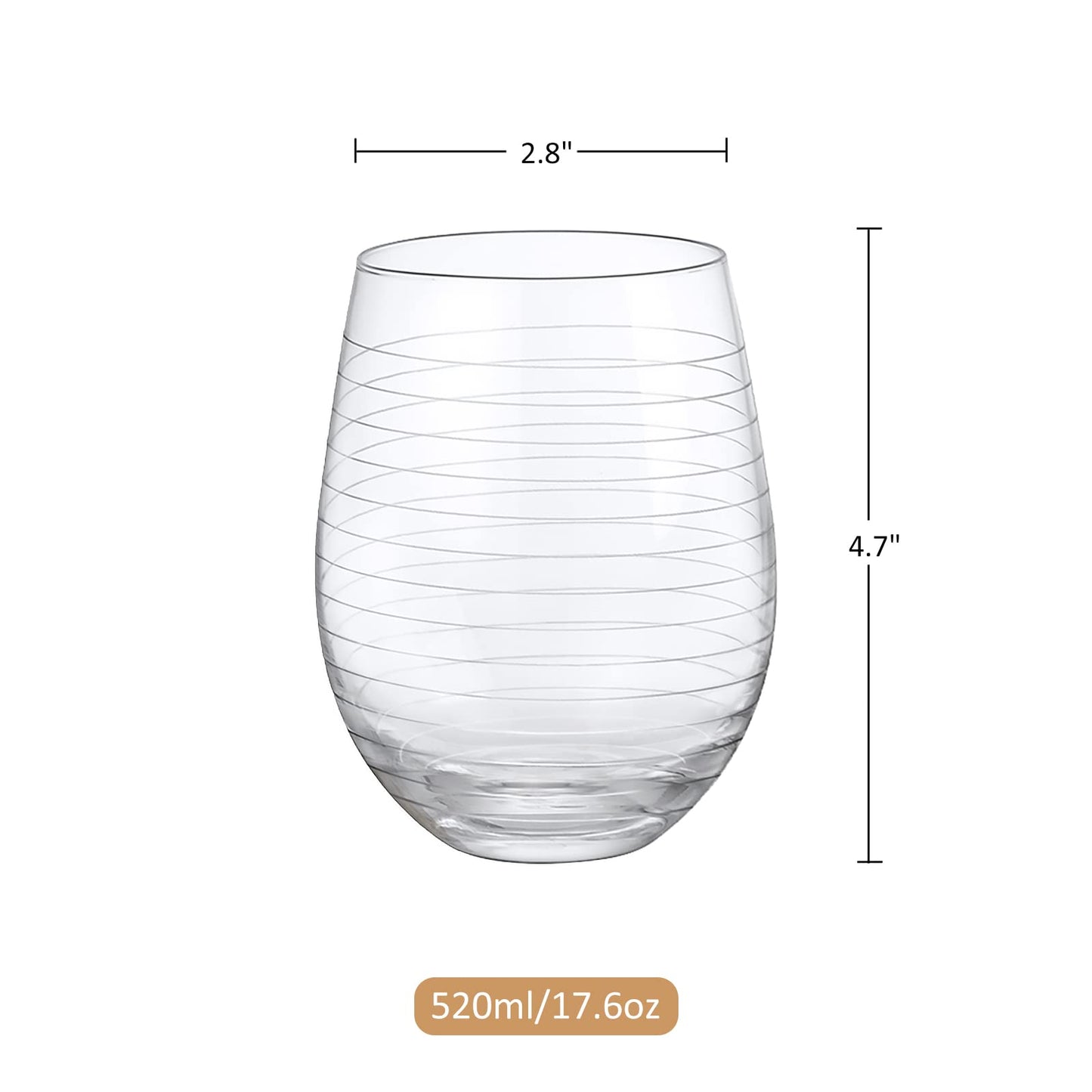 Hand-Blown Joeyan Etched Stemless Wine Glasses with Dots Strips Pattern for Red Wine, Large Carved Drinking Glass Cups Tumblers for Wedding Anniversary Party Home, Set of 4, 17.5 oz.