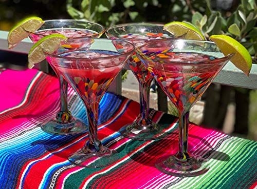 Dos Sueños Mexican Hand Blown Glass – Set of 4 Hand Blown Modern Margarita Glasses - Confetti Carmen (12 oz)