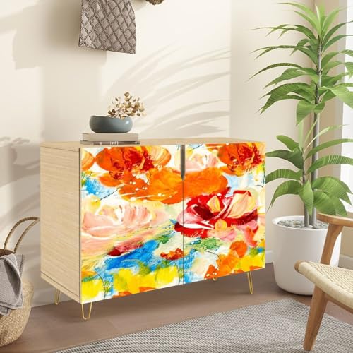 Mid-Century Sideboard Buffet Kitchen Storage Cabinet with 2 Doors Seamless Pattern Abstract red Flowers Original Hand Drawn Cupboard Console Table Bar Cabinet for Dining Room Hallway