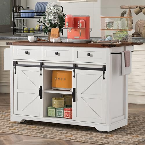 Ball & Cast Farmhouse Kitchen Island Cart with Power Outlet, 2 Sliding Barn Doors, 3 Adjustable Shelves, Kitchen Storage Island with Drop Leaf, Spice Rack, Rolling Cart on Wheels, for Kitchen or Dining Room, White