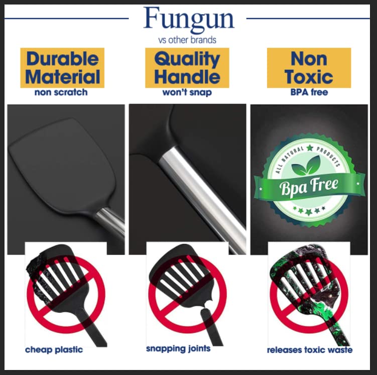 Black 24-Piece Silicone Cooking Utensil Set, Fungun Non-stick Kitchen Utensil 24 Pcs Cooking Utensils Set, Heat Resistant Cookware, Silicone Kitchen Tools Gift with Stainless Steel Handle (Black-24pcs)