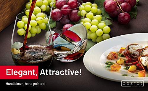 Bezrat Stemless Wine Glasses Set of Two | Hand Painted Large Premium Red and White Wine glasses | Lead-Free Crystal | Essential Wine Gift | 18 Ounces (Red)