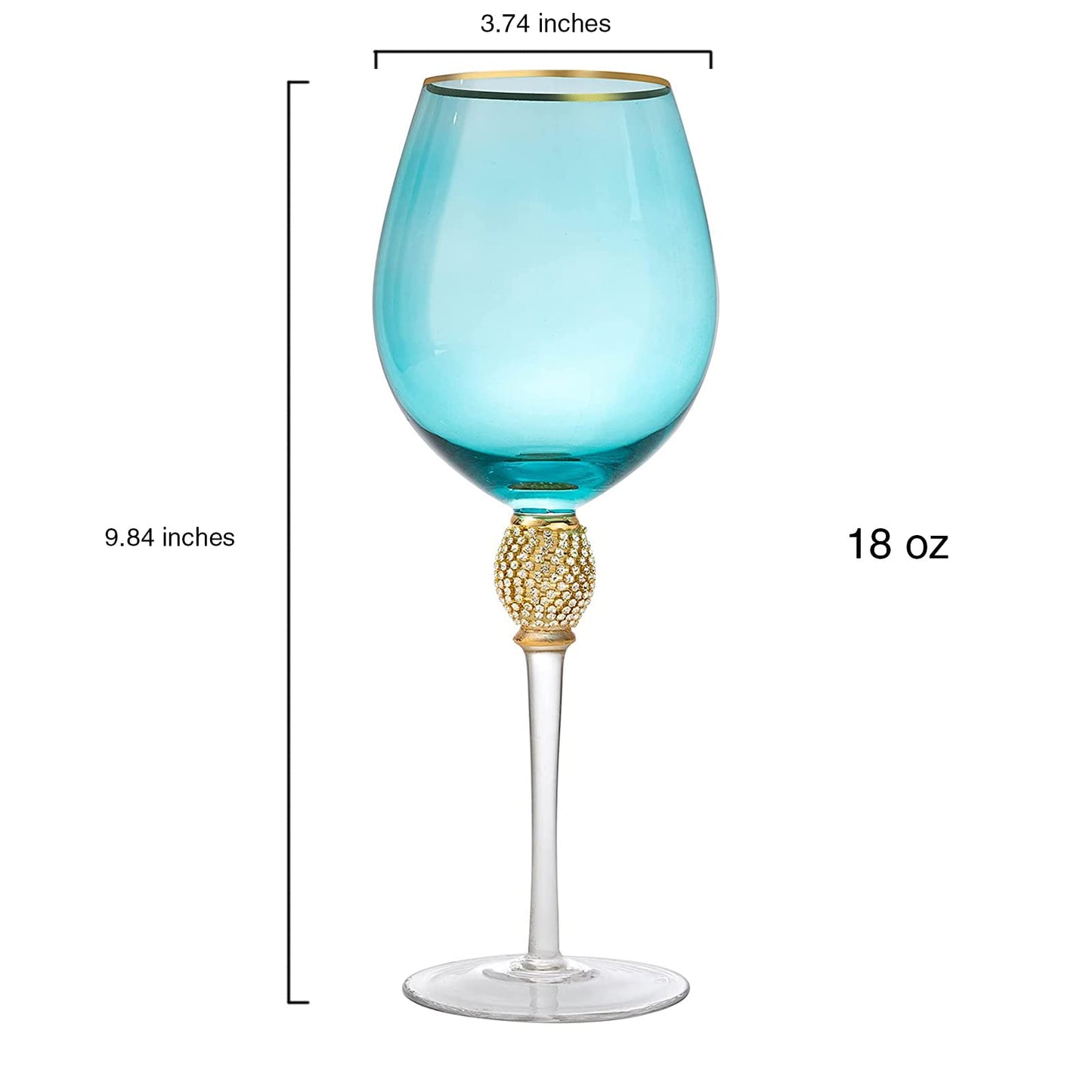 Large Blue Diamond Wine Glasses, Winter & Weddings, 10" H Gold Rim Rhinestone DIAMOND Studded Glasses - Wedding Glasses - 18oz, Premium Bling Designed Glassware, Crystal Long Stem Glass