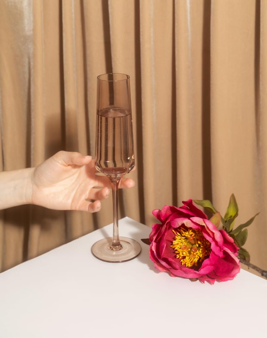 Saludi Colored Champagne Flutes - As Seen on 'Bachelor in Paradise' - 6.5oz (Set of 6) Stemmed Glass - Great for All Occasions and Gifts - Luxury, Durable, Hand-Blown (Smokey Sand)