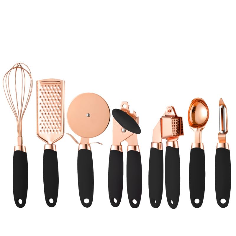 White & Gold Kitchen Tools and Gadgets - Luxe 7PC Cooking Tools and Gadgets with Anti-Slip Handles, Gold Utensils Set, Gold Kitchen Accessories,Premium Kitchen Gadget Set (Rose gold & black)