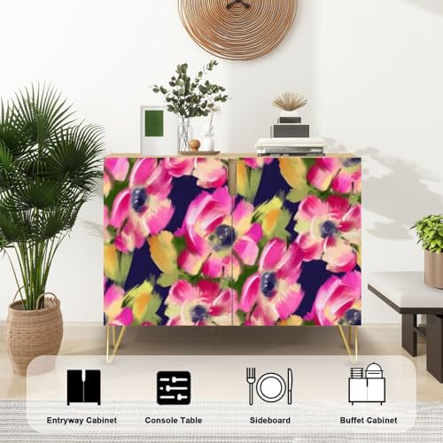 Mid-Century Sideboard Buffet Kitchen Storage Cabinet with 2 Doors Seamless pattern bright tropical flowers for summer fabrics Acrylic Cupboard Console Table Bar Cabinet for Dining Room Hallway