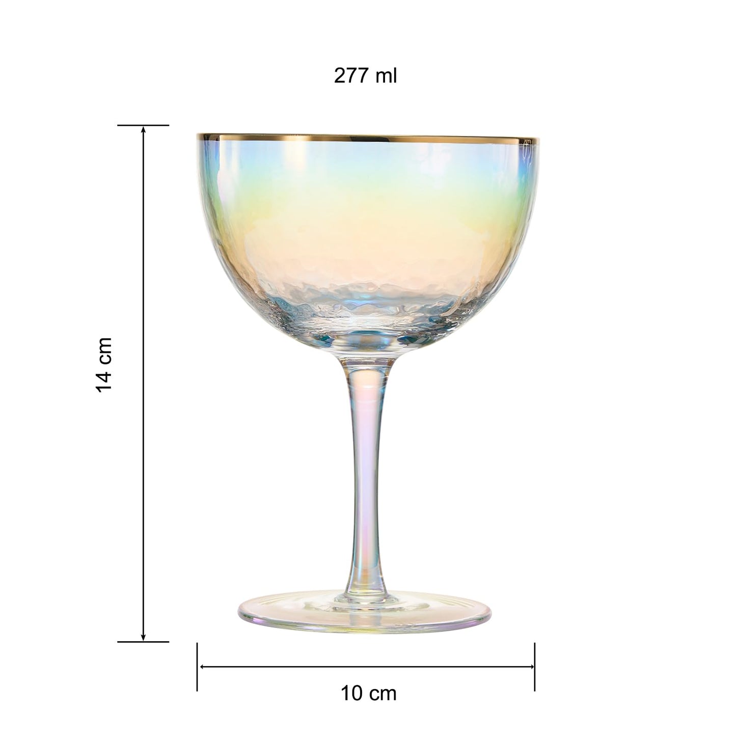 Festive Lustered Iridescent Hammered Coupe Glasses - Set of 2 - Gold Rim 8 5oz Colorful Champagne Glasses - Anniversaries, Birthday Gift, Cocktail Party Radiance - Water, Wine, Cosmopolitan, Barware