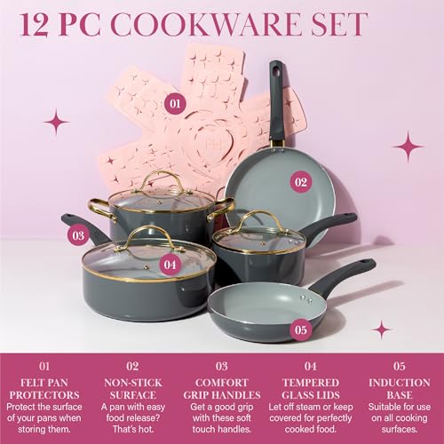 Paris Hilton Epic Nonstick Pots and Pans Set, Multi-layer Coating, Tempered Glass Lids, Soft Touch, Stay Cool Handles, Made without PFOA, Dishwasher Safe Cookware 12-Piece, Charcoal Gray