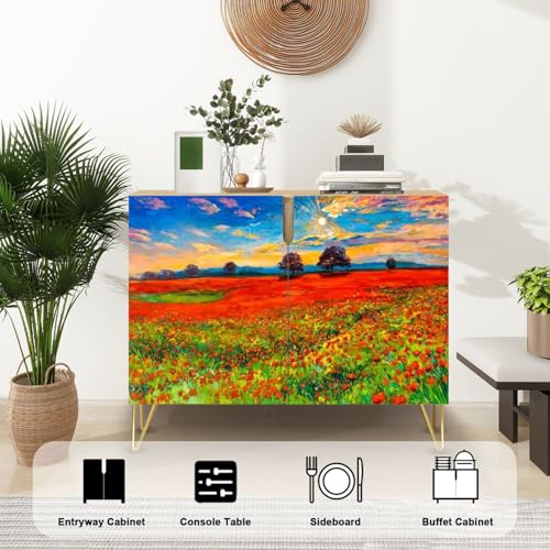 Mid-Century Style Sideboard Buffet Kitchen Storage Cabinet with Tuscan Scene on Canvas