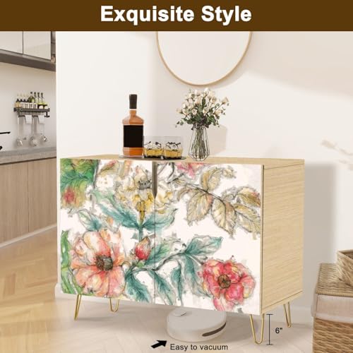 Mid-Century Sideboard Buffet Kitchen Storage Cabinet with 2 Doors Beautiful Oil Flower Cupboard Console Table Bar Cabinet for Dining Room Hallway