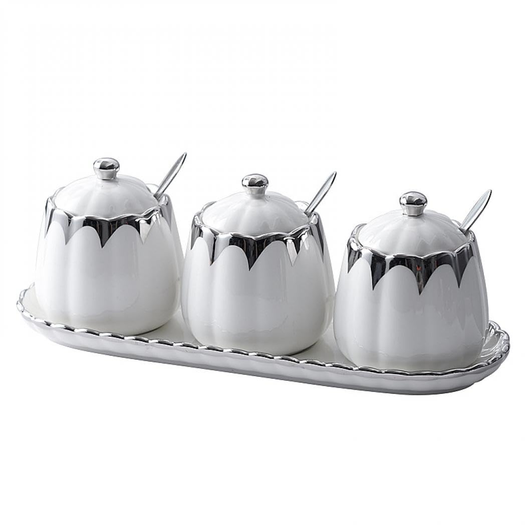Magnitt Porcelain Condiment Jar Spice Container with Lids, Spoon and Tray, Set of 3,Modern Spice Box Seasoning Jar for Your Home, Kitchen, Counter (White silver)