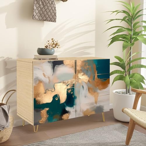 Mid-Century Sideboard Buffet Kitchen Storage Cabinet with 2 Doors Abstract oil Art mural modern artwork paint spots paint strokes blue Cupboard Console Table Bar Cabinet for Dining Room Hallway