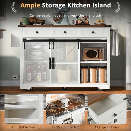 Ball & Cast Farmhouse Kitchen Island Cart with Power Outlet, 2 Sliding Barn Doors, 3 Adjustable Shelves, Kitchen Storage Island with Drop Leaf, Spice Rack, Rolling Cart on Wheels, for Kitchen or Dining Room, White
