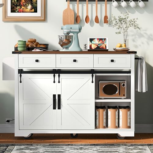 Ball & Cast Farmhouse Kitchen Island Cart with Power Outlet, 2 Sliding Barn Doors, 3 Adjustable Shelves, Kitchen Storage Island with Drop Leaf, Spice Rack, Rolling Cart on Wheels, for Kitchen or Dining Room, White