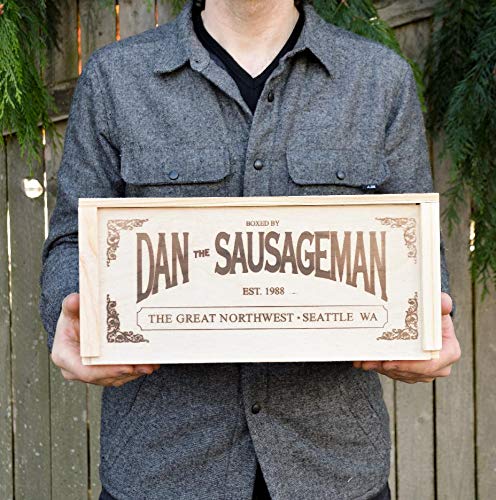 Dan the Sausageman's Favorite Gourmet Gift Basket Featuring Naturally Smoked Summer Sausages, Savory SeaBear Salmon, Wisconsin Cheese, Sweet Hot Mustard, and Keepsake Wood Pine Crate. Gift Messaging Available