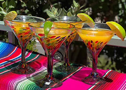 Dos Sueños Mexican Hand Blown Glass – Set of 4 Hand Blown Modern Margarita Glasses - Confetti Carmen (12 oz)