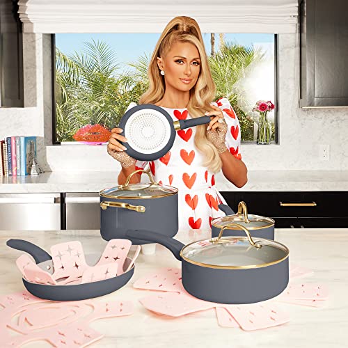 Paris Hilton Epic Nonstick Pots and Pans Set, Multi-layer Coating, Tempered Glass Lids, Soft Touch, Stay Cool Handles, Made without PFOA, Dishwasher Safe Cookware 12-Piece, Charcoal Gray