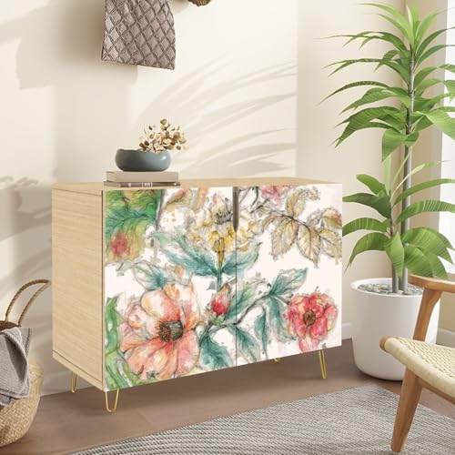 Mid-Century Sideboard Buffet Kitchen Storage Cabinet with 2 Doors Beautiful Oil Flower Cupboard Console Table Bar Cabinet for Dining Room Hallway