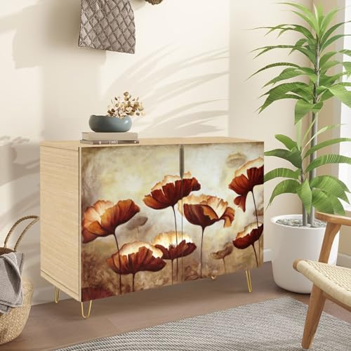 Mid-Century Sideboard Buffet Kitchen Storage Cabinet with 2 Doors Texture Canvas Cupboard Console Table Bar Cabinet for Dining Room Hallway