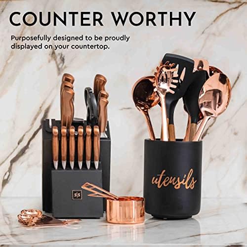 Copper Knife Set with Block and Sharpener – 14-Piece Rose Gold Knives with Black Knife Block and Built-In Sharpener – Stylish Copper Kitchen Accessories and Decor for Cooking and Prepping