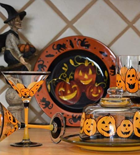 Golden Hill Studio Hand Painted Martini Glasses Set of 2 - Pumpkin Family Collection - Hand Painted Glassware by USA Artists - Unique and Decorative Martini Glasses, Kitchen Table Décor