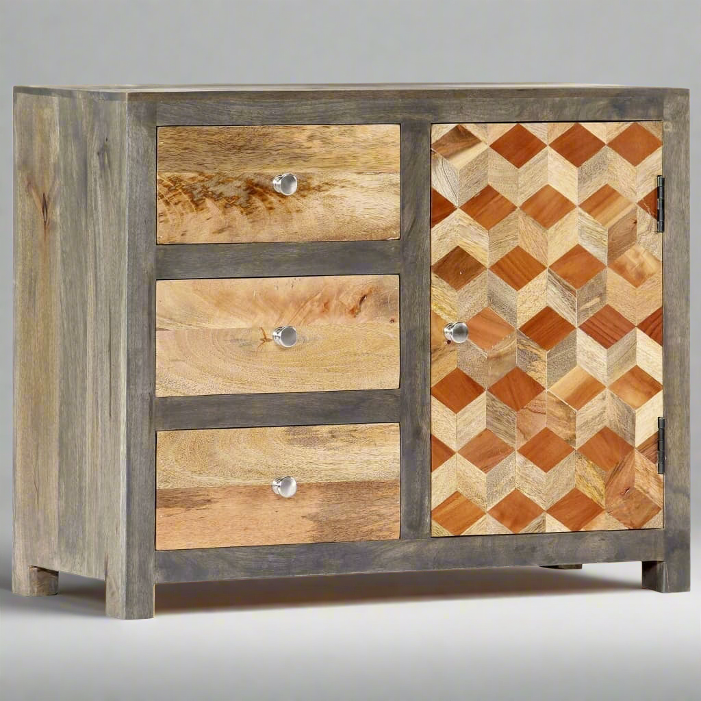 Solid Mango Wood vidaXL Side Cabinet in Stylish Grey with Geometric Design