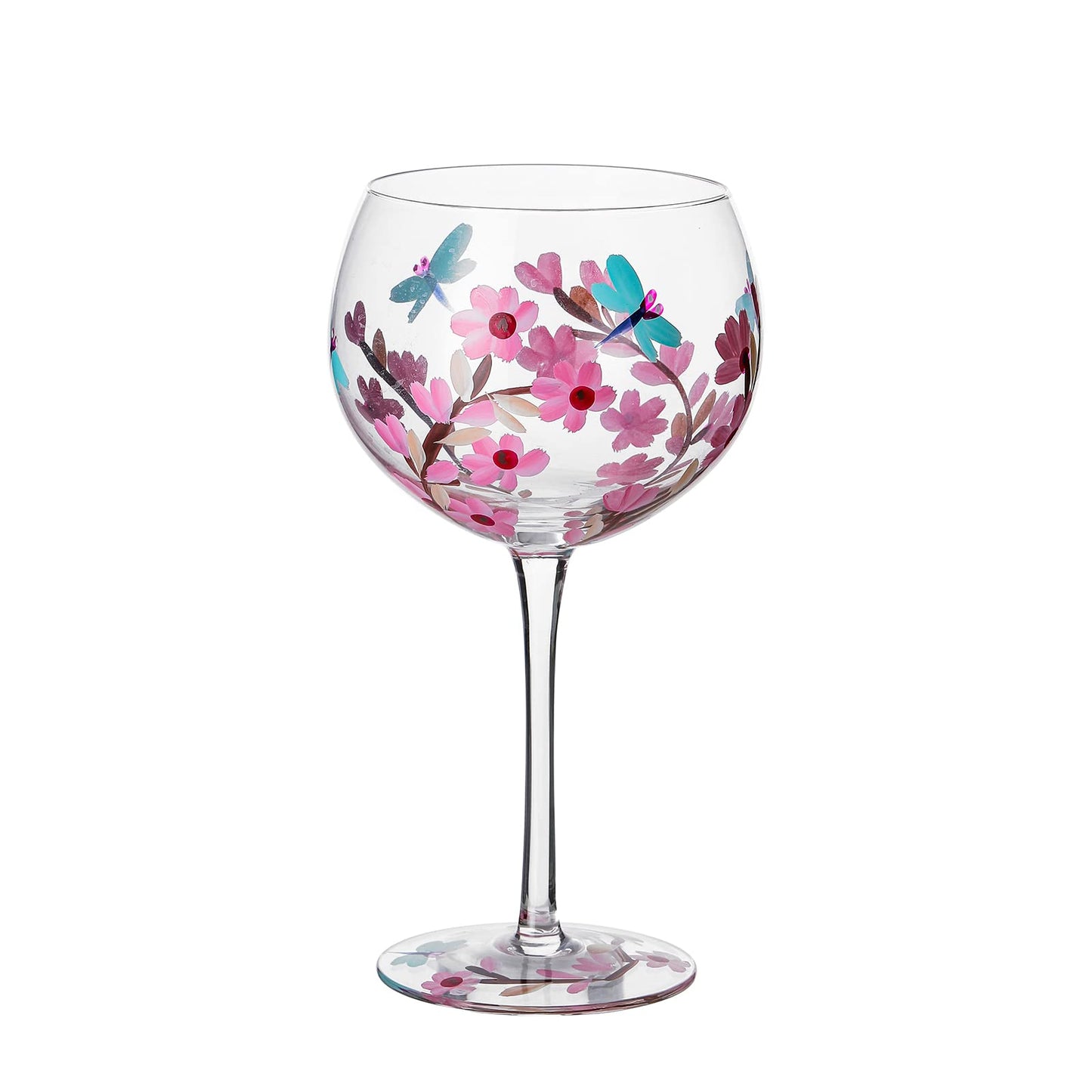 Hand-Painted Wine Glass Pink Flower Dragonflies Artisan Painted 20 Oz. Personalized Gift Idea
