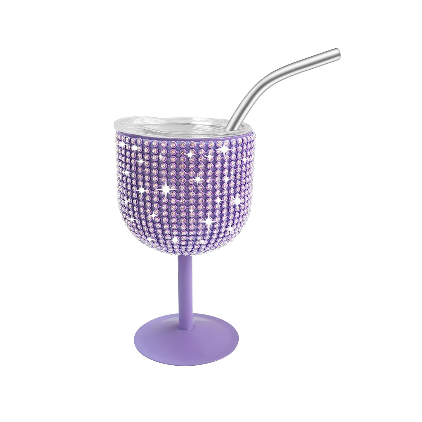INSTOME Rhinestone Stainless Steel Wine Glasses,4oz Bling Stemmed Stainless Steel Wine Tumbler with Lid and Straw for Camping,Picnics,Travel,Birthday Gifts for Family (purple, 4oz)