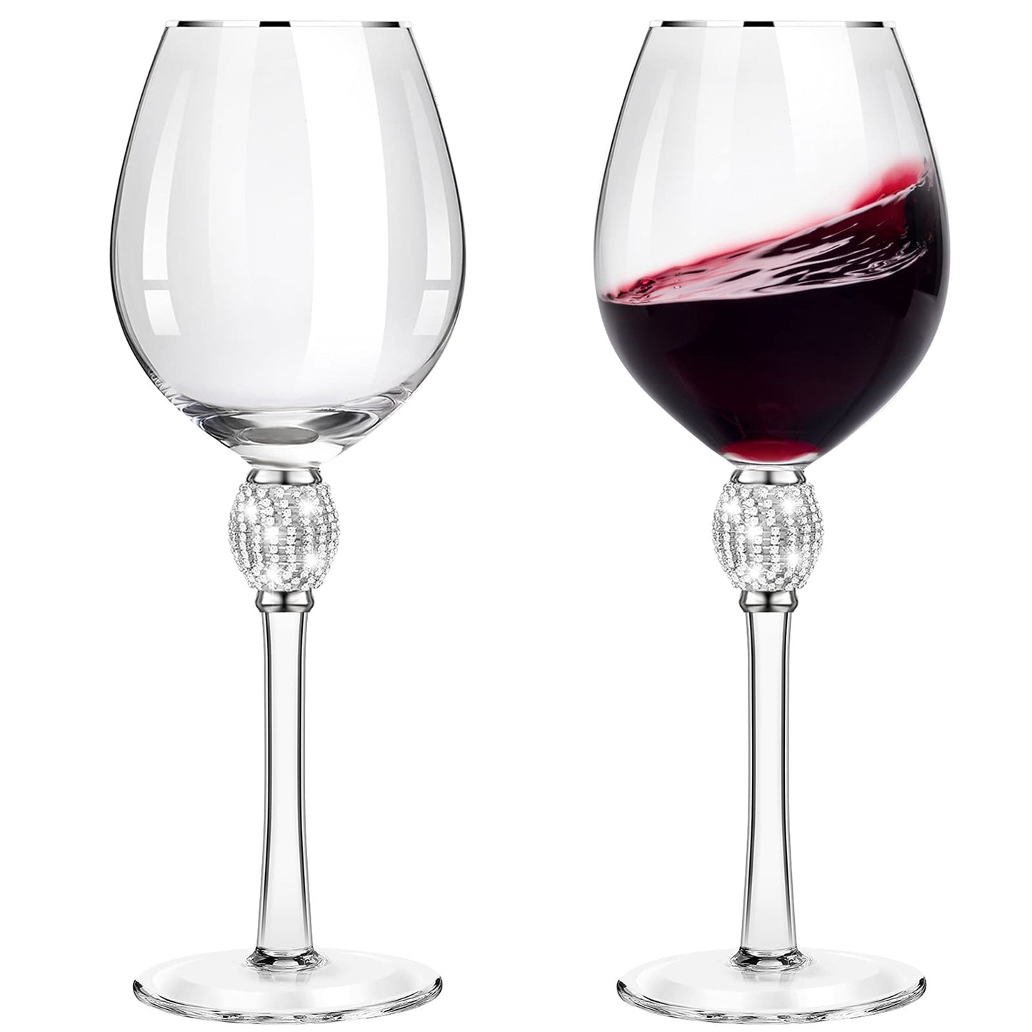 Patelai 2 Pieces Rhinestone Red Wine Christmas Gift Clear Glass with Rim Tulip Shaped Diamond Wine Glasses Long Stem Glassware for Wedding, Parties, Anniversary(Silver)