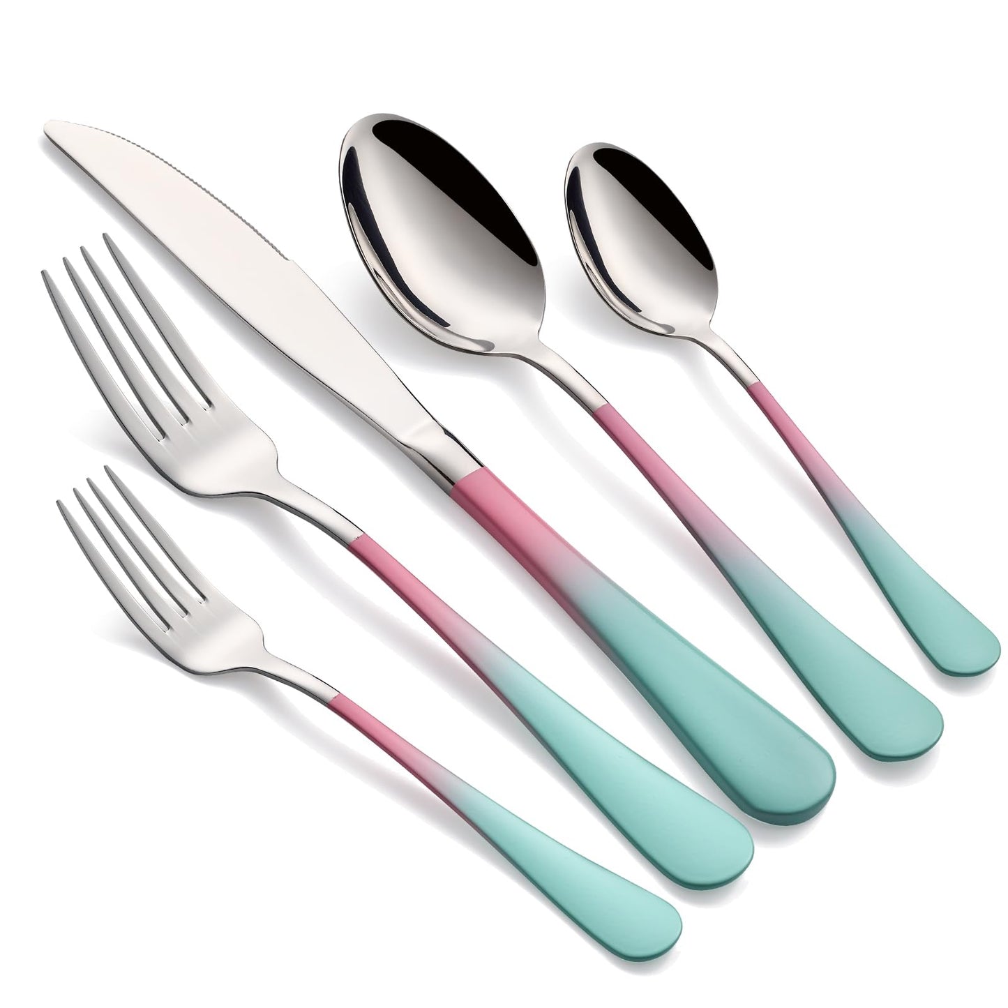 Unique Pink and Aqua 20-Piece Silverware Set 18/0 Stainless Steel Flatware Pink and Green Handle Cutlery Set Service for 4 Fork Knife Spoon Set Mirror Finish Dishwasher Safe