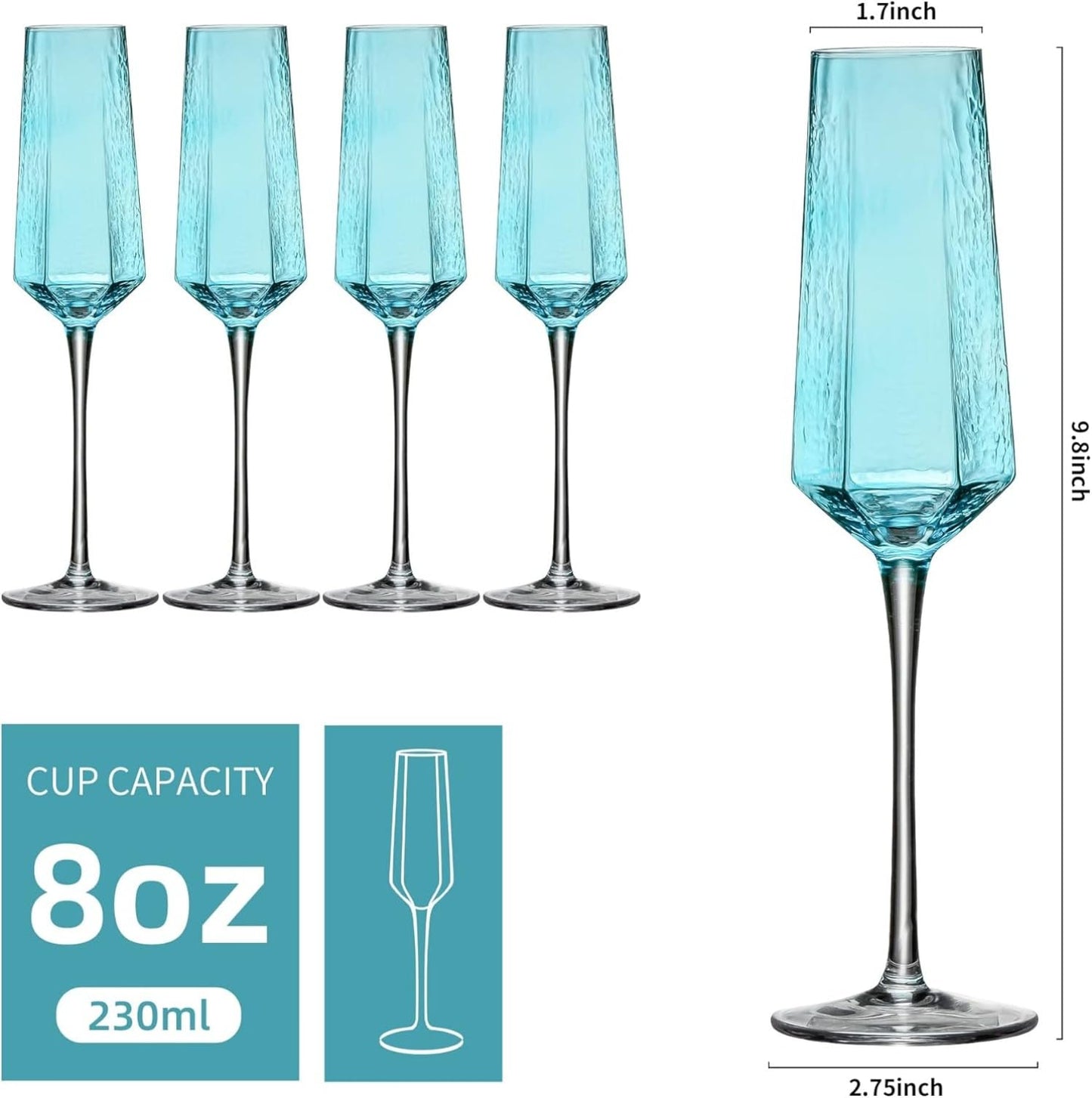 Luminthra 8 Oz. Blue Crystal Champagne Flutes, Elegant Flutes Set of 2 for Weddings, Anniversaries, and Christmas (Blue) (Blue,2 count)