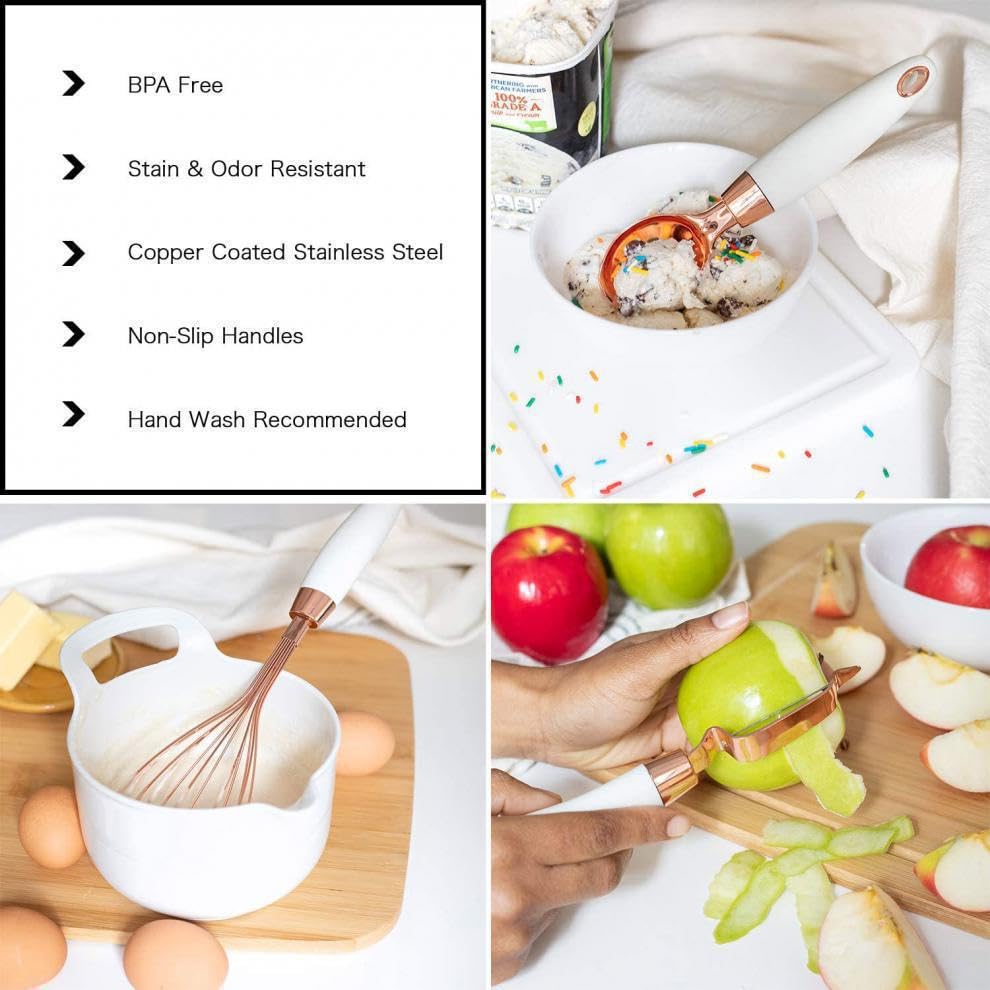 White & Gold Kitchen Tools and Gadgets - Luxe 7PC Cooking Tools and Gadgets with Anti-Slip Handles, Gold Utensils Set, Gold Kitchen Accessories,Premium Kitchen Gadget Set (Champagne gold & white)