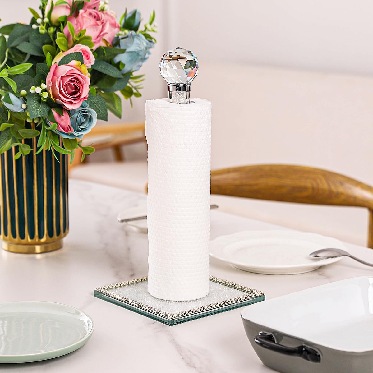 Hochance Clear Crystal Standing Paper Towel Roll Holder Countertop Weighted Rack,Glam Cute Bling Rhinestone Jeweled Diamonds Modern Decoration Christmas Housewarming Gifts for Kitchen Home Bar