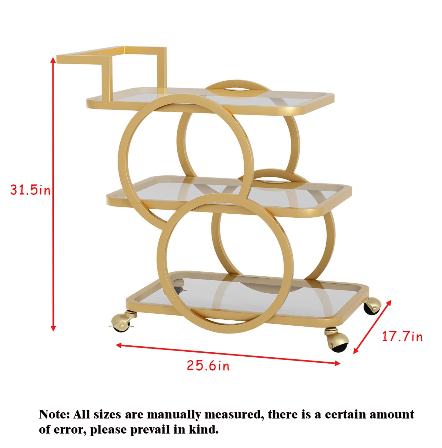 LORMITER Gold Bar Carts with 3-Tier Shelves, Rolling Bar Carts on Wheels, Kitchen Serving Cart for Dining Room, Glass Bar Carts for Home Use, Round Bar Carts, Wine Carts.