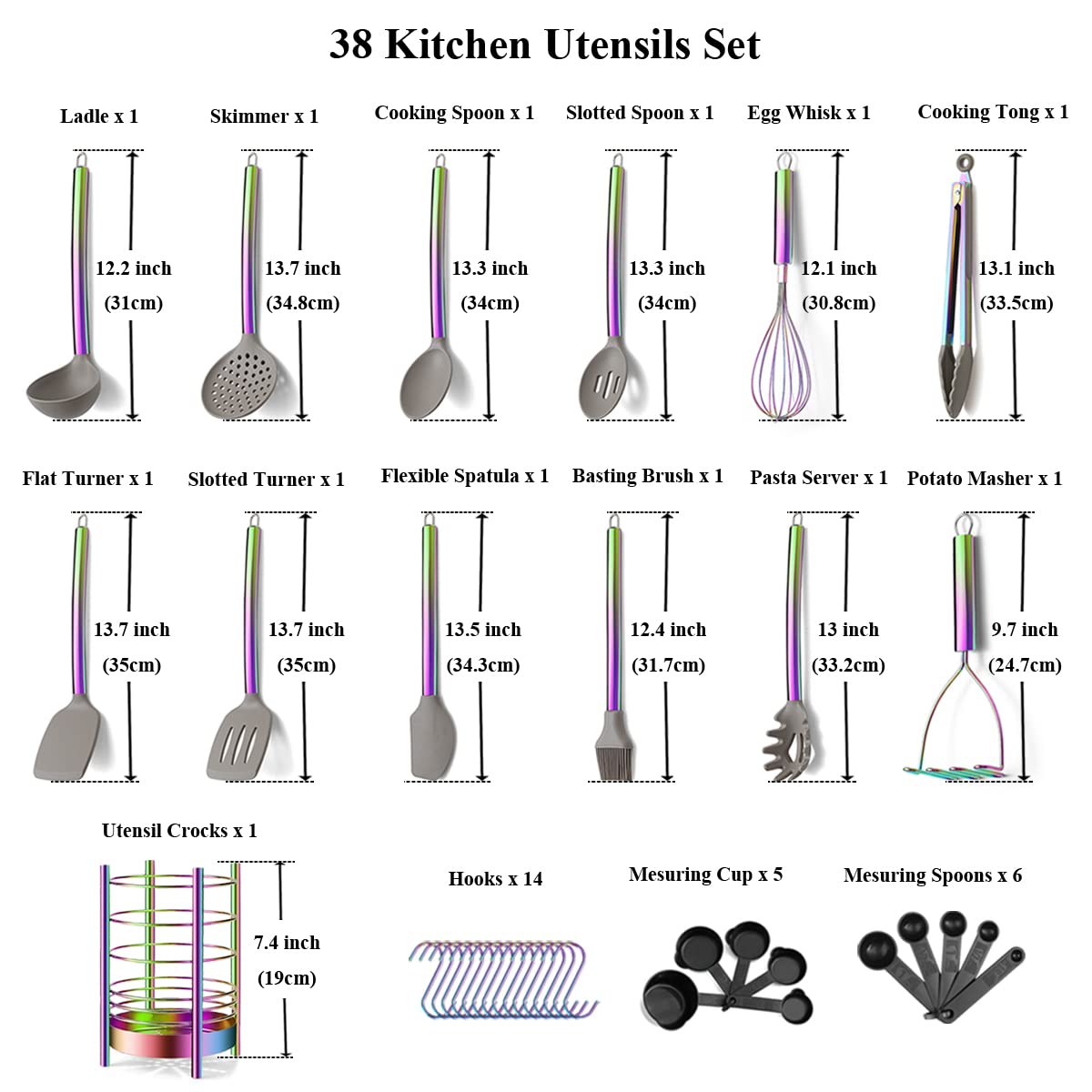 Rainbow 38-Piece Silicone Kitchen Cooking Utensils Set with Utensil Crocks, Silicone Head and Stainless Steel Handle Cookware, Kitchen Tools for Utensil Set, Non-Stick Kitchen Gadgets, Dishwasher Safe (Rainbow)