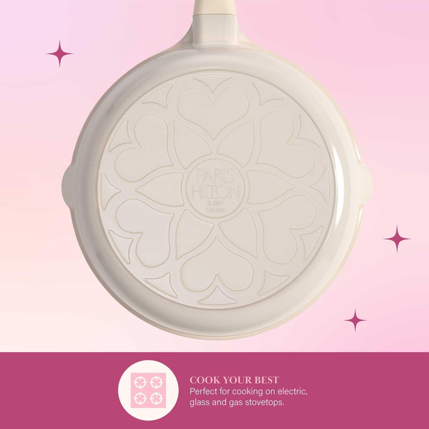 Paris Hilton Ceramic Nonstick Cookware Set, Cast Aluminum with Dual Layer Nonstick Coating, Gold Heart Knobs, Stay-Cool Handles, Made without PFAS, PFOA, PFOS & PTFE, Dishwasher Safe, 10-Piece, Cream