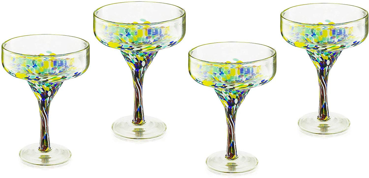 Margarita Glasses – Set of 4 - Luxury Hand Blown Confetti Margaritas, Cocktails, Water, Wine, Dessert, Martini & Champagne Cinco de Mayo, Hand Blown - Mexican Confetti Design Glass, Party, Home & Bar