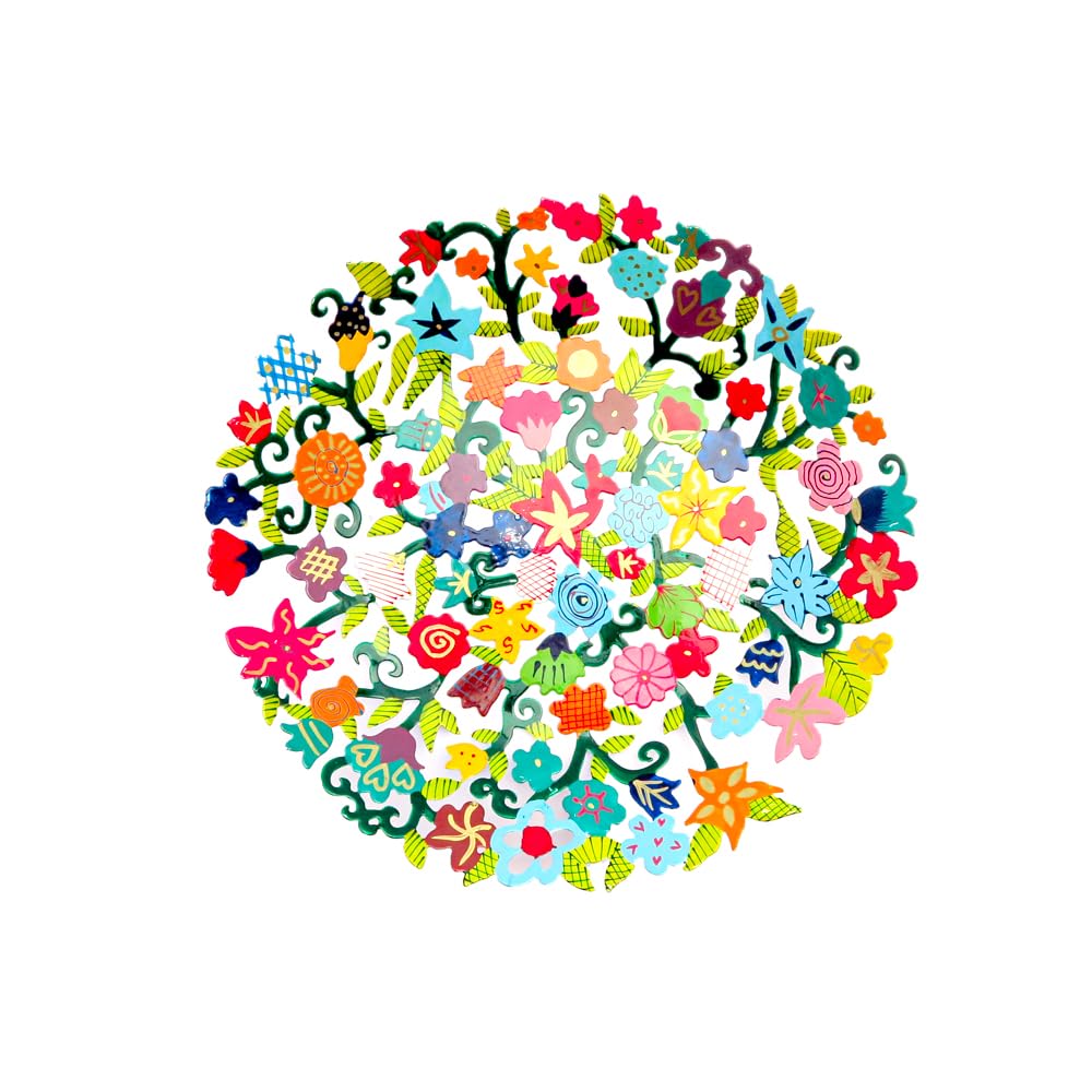 EMANUEL Yair Decorative Metal Fruit Bowl | Vibrant Hand Painted Bowl | Hangable Centerpiece Bowl for Home Decor and Gifting | Judaica Art (14 inch, Flowers)