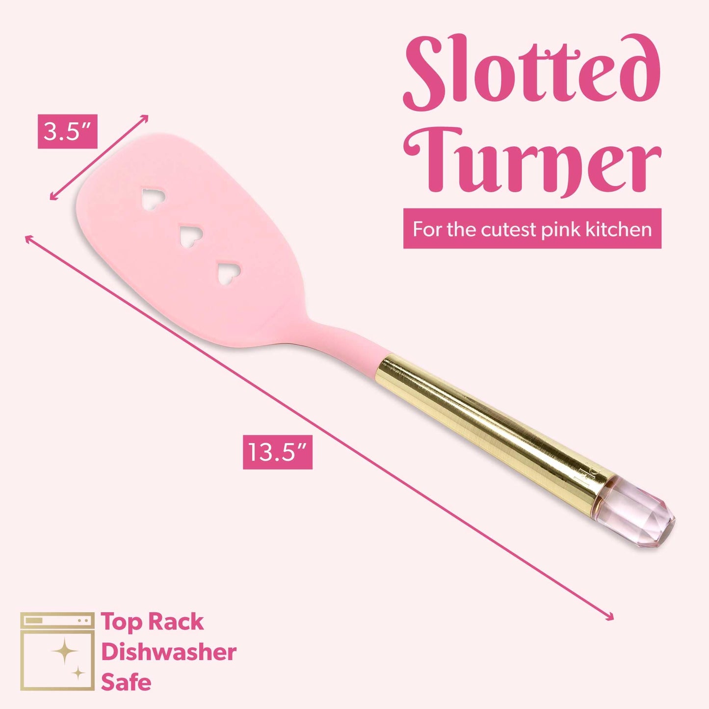 Paris Hilton Slotted Turner with Pink Jewel Shaped Handle, Heat-Resistant up to 400°F, Dishwasher Safe Kitchen Tools and Utensil, Pink and Gold
