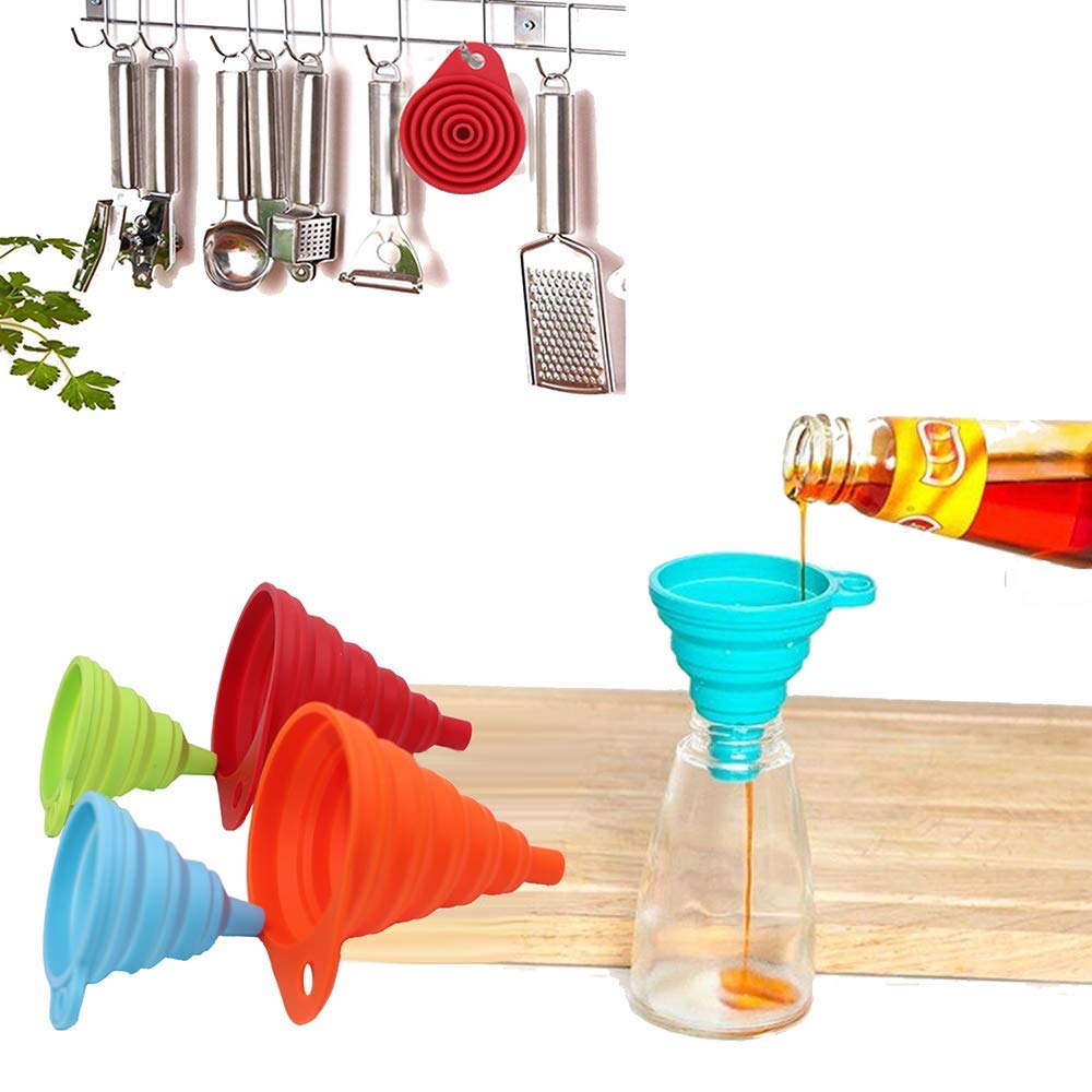 Kitchen Funnel Set 4-Pack, Small and Large, Kitchen Gadgets Accessories Foldable Silicone Collapsible Funnels for Filling Water Bottle Liquid Transfer Food Grade